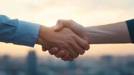 handshake symbolizes agreement and partnership, set against beautiful sunset backdrop. This image captures essence of collaboration and trust in professional context.