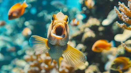 Poster - Surprised Tropical Fish Mid Swim in Vibrant Underwater Coral Reef Background