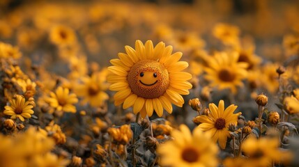 Wall Mural - Happy Sunflower in a Field of Yellow Flowers