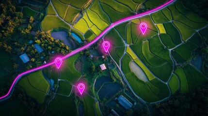 Wall Mural - aerial shot of a landscape with neon lit pins or pointers on top of it, global positioning system or