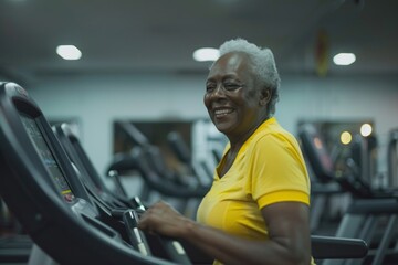 Wall Mural - A person exercising on a treadmill, wearing a yellow shirt