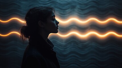 Canvas Print - Profile silhouette against a wavy neon backdrop.