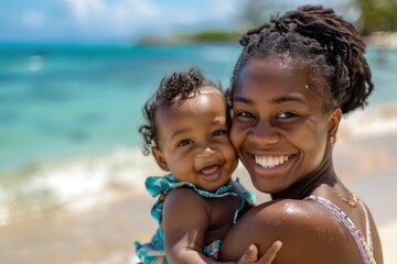 Wall Mural - A mother and her newborn enjoy time together at the seaside