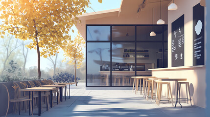 3D illustration of a modern minimalist coffee shop landscape. Architectural design perspective, construction of a fantasy building.