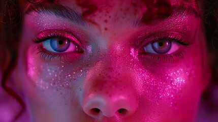 Poster - Close Up Portrait of Woman with Pink Glitter Makeup and Intense Gaze