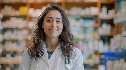 Wall Mural - A woman in a white lab coat stands in a pharmacy shop, ready to assist customers