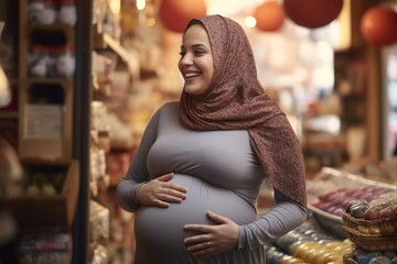 Wall Mural - Moroccan pregnant woman shopping portrait person.