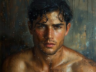 Wall Mural - Intense Portrait of a Man in the Rain