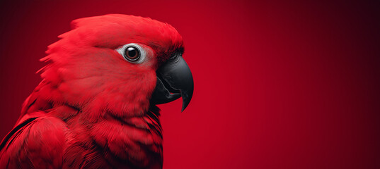 A striking red parrot with a piercing gaze against a bold red backdrop, embodying passion and elegance in nature.