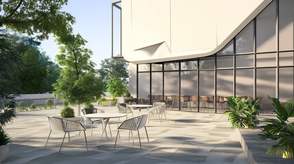 3D illustration of a modern minimalist coffee shop landscape. Architectural design perspective, construction of a fantasy building.