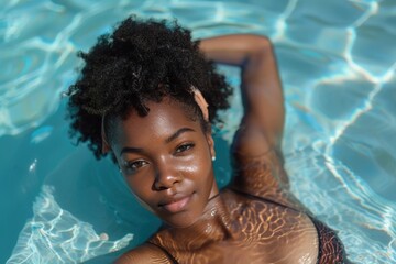 Poster - A woman lounging in a bathing suit by the side of a pool, perfect for summer or vacation themed photoshoots