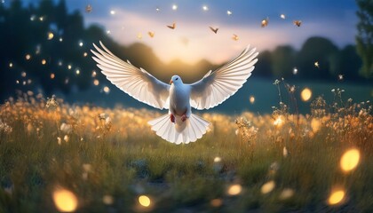 Poster - White Dove: Holy Spirit. Dove in the Midst of Fireflies.