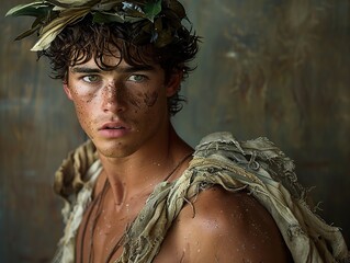 Wall Mural - Intense Portrait of a Young Man with a Crown of Leaves