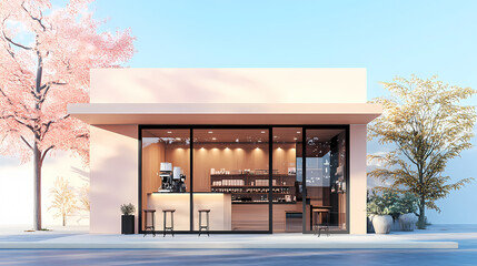 3D illustration of a modern minimalist coffee shop landscape. Architectural design perspective, construction of a fantasy building.