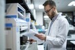 © Fotograf - A researcher examining a document in a lab setting, possibly discussing findings or making notes