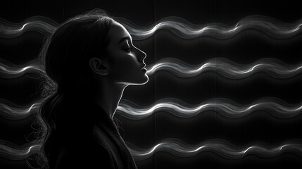 Sticker - Profile silhouette with flowing light waves in a dark setting.