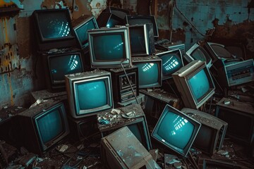 Canvas Print - Old televisions stacked high, with dusty screens and worn-out cabinets