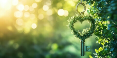 A heart-shaped key made of greenery symbolizes love and nature, surrounded by a soft, glowing background.