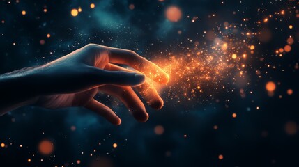 Wall Mural - a hand touching a glowing and abstract representation of the cosmos or space filled with stars and e