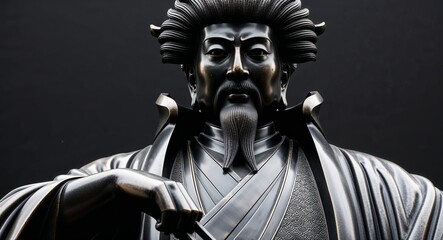  Intricate closeup of a Japanese emperor statue set against a stark black background