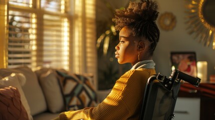 Poster - Woman seated in a wheelchair in a cozy living room, perfect for illustrations on disability awareness or accessibility