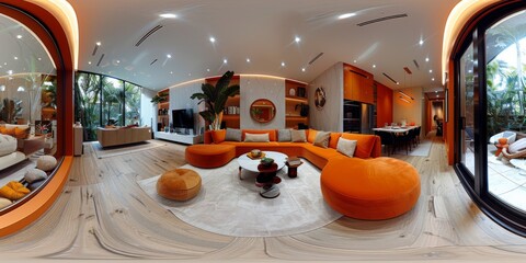 Wall Mural - An immersive 360-degree equirectangular projection spherical panorama of an inclusive smart home, designed for accessibility and universal design