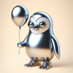 Wall Mural - a cool and hip silver shinny metallic futuristic penguin holding a balloon character