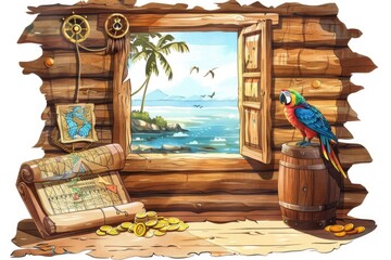 Wall Mural - A colorful parrot perches on top of a wooden barrel next to an open window