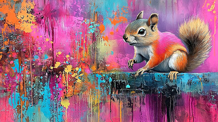 Wall Mural -   Painting of a squirrel on top of wooden plank with scattered paint stains