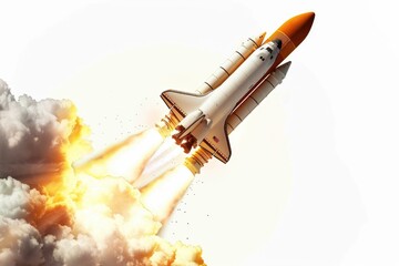 Wall Mural - a space shuttle takes off into the clear blue sky, with flames and smoke trailing behind
