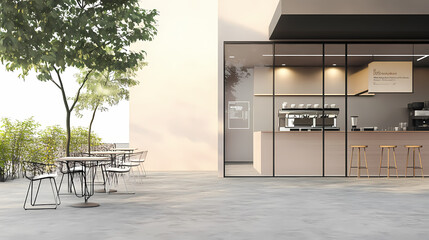 3D illustration of a modern minimalist coffee shop landscape. Architectural design perspective, construction of a fantasy building.