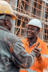 Canvas Print - Two construction workers wearing hard hats and orange jackets shake hands, a symbol of collaboration or agreement