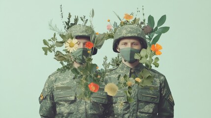 Wall Mural - collage texture soldier portraite with flowers