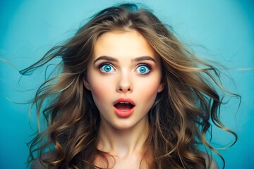 Poster - Close-up portrait of a surprised young woman with blue eyes and messy hair on a blue background.