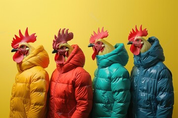 Canvas Print - Group of chickens dressed in vibrant coats, ready for parade or show