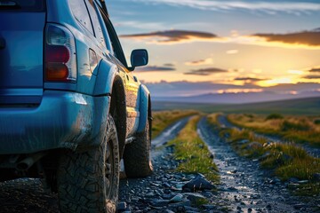 Poster - A truck parked on a dirt road with a beautiful sunset in the background