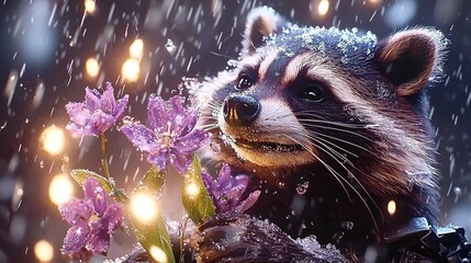 Wall Mural -   Close-up of a snowy raccoon with a bouquet of flowers