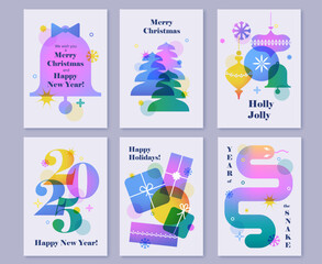 Wall Mural - Set of creative colorful cards, flyers, posters for 2025 New Year. Numbers design. Christmas greetings. Modern minimal flat style. Bright colors. Snake, gift boxes, bell, Christmas trees.