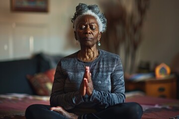 Wall Mural - A woman sits on a bed with her eyes closed, relaxing or possibly in a meditative state