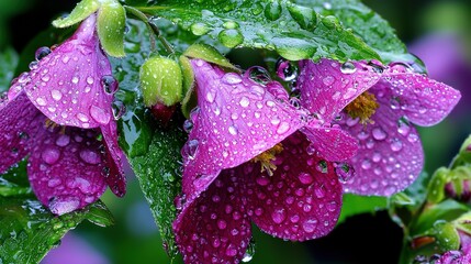 Canvas Print -   Close-up of a flower with water droplets on petals and green leaf in background