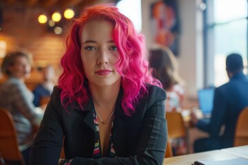 Wall Mural - A woman with bright pink hair sits at a table, possibly working or studying