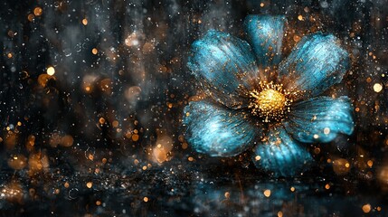 Wall Mural -   Close-up photo of blue flower on black background with golden flecks and droplets of water on petals