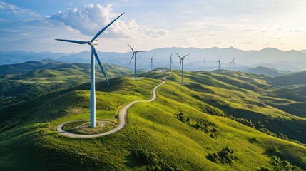 Aerial view of a wind farm on rolling hills, with turbines aligned in rows and access roads winding through the landscape, showcasing renewable energy and rural scenery.