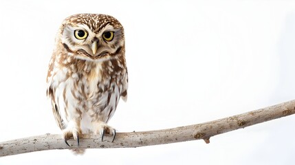 Overweight Fluffy Owl Perching on Branch with Calm Demeanor on White Background