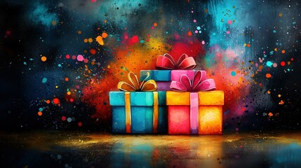 two gift boxes, painted in contrast against a dark background with a splashed color on the backdrop