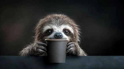 Wall Mural -   A sloth holding a coffee cup, perched atop a table's edge, cradles the cup in its paws