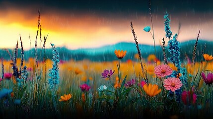   A field of wildflowers bathed in the golden light of sunset against a deep blue-black backdrop