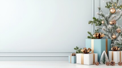 Wall Mural - Christmas tree with gifts and decorations against a light background.