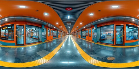 Wall Mural - an immersive 360-degree panorama of a sustainable transportation hub, where electric vehicles and pu