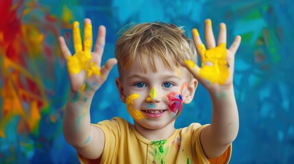 A Small Child Artist Showing Paint on His Hands - Perfect for Creativity Promotions